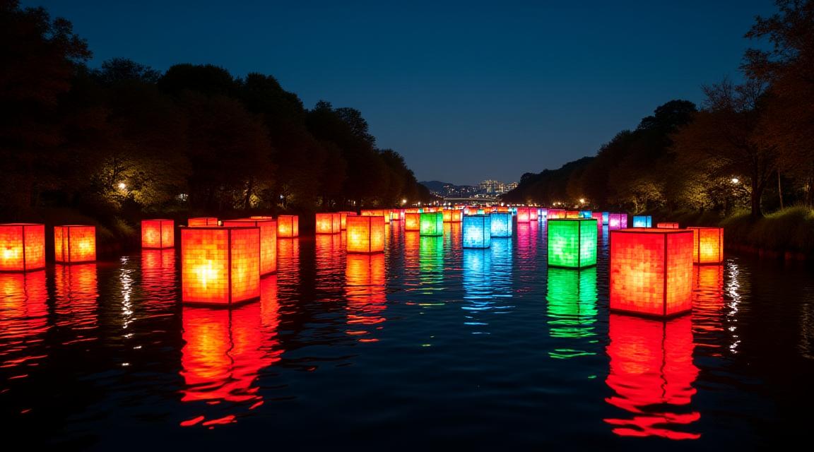 川面に映し出された色とりどりのデジタル灯籠